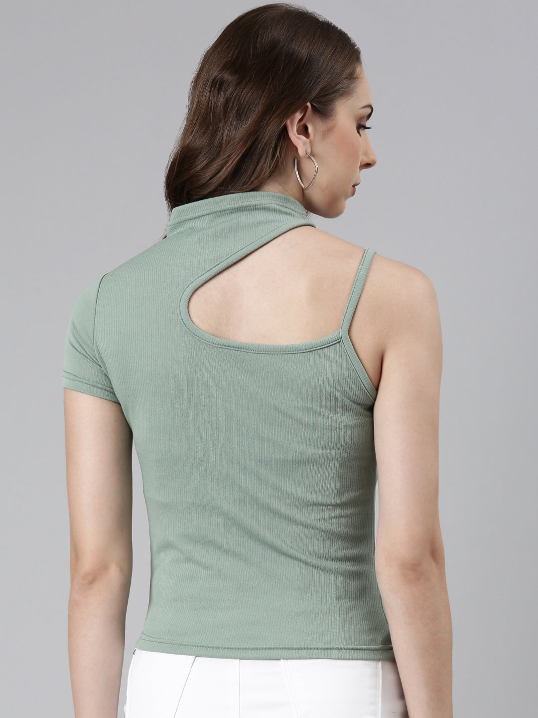 Women's Sea Green High Neck Cotton Fitted Top