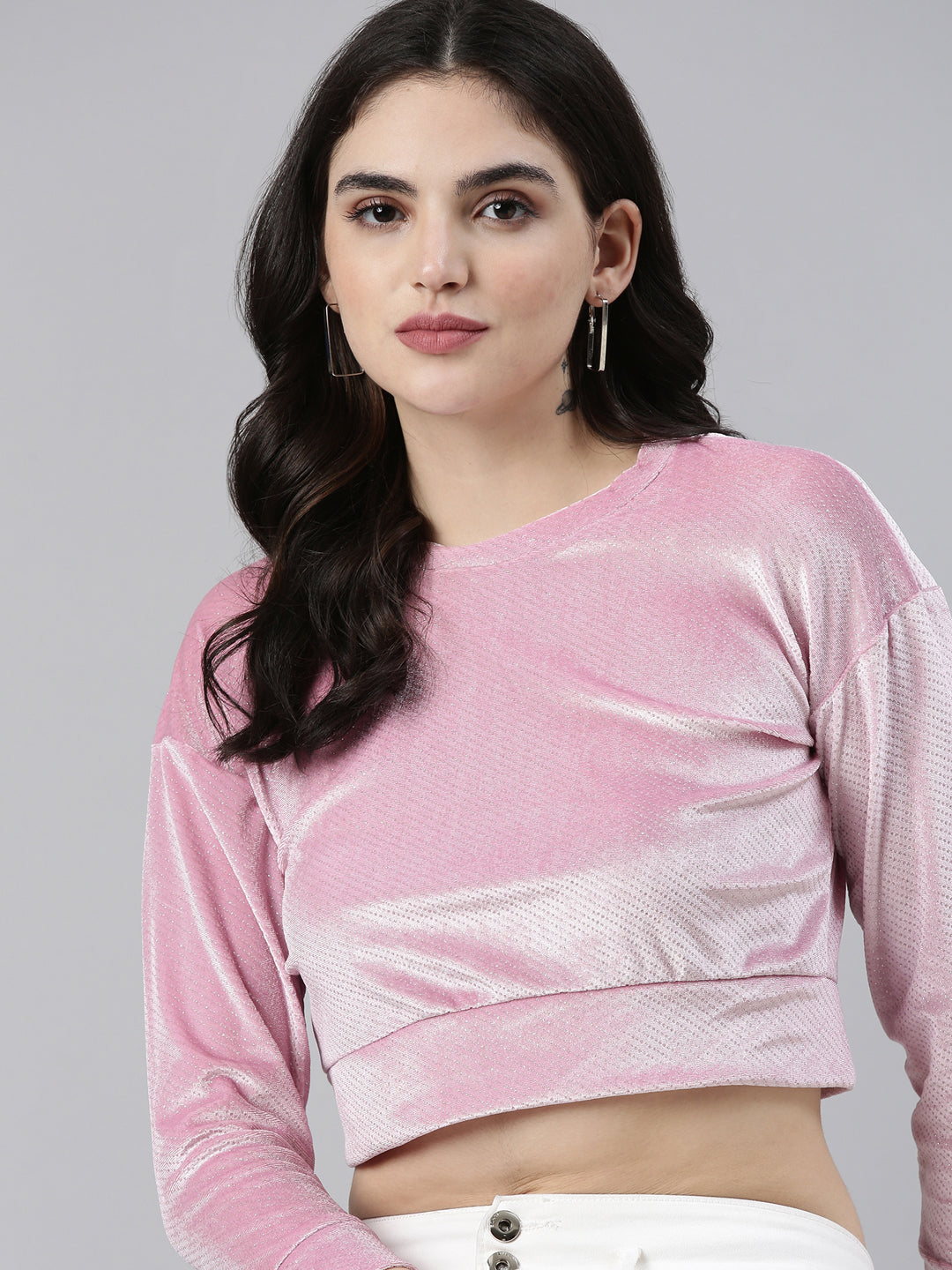 Women's Pink Round Neck Drop shoulder Sleeves Velvet Crop Top