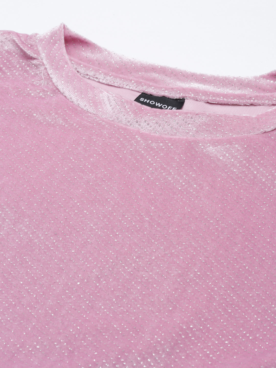 Women's Pink Round Neck Drop shoulder Sleeves Velvet Crop Top