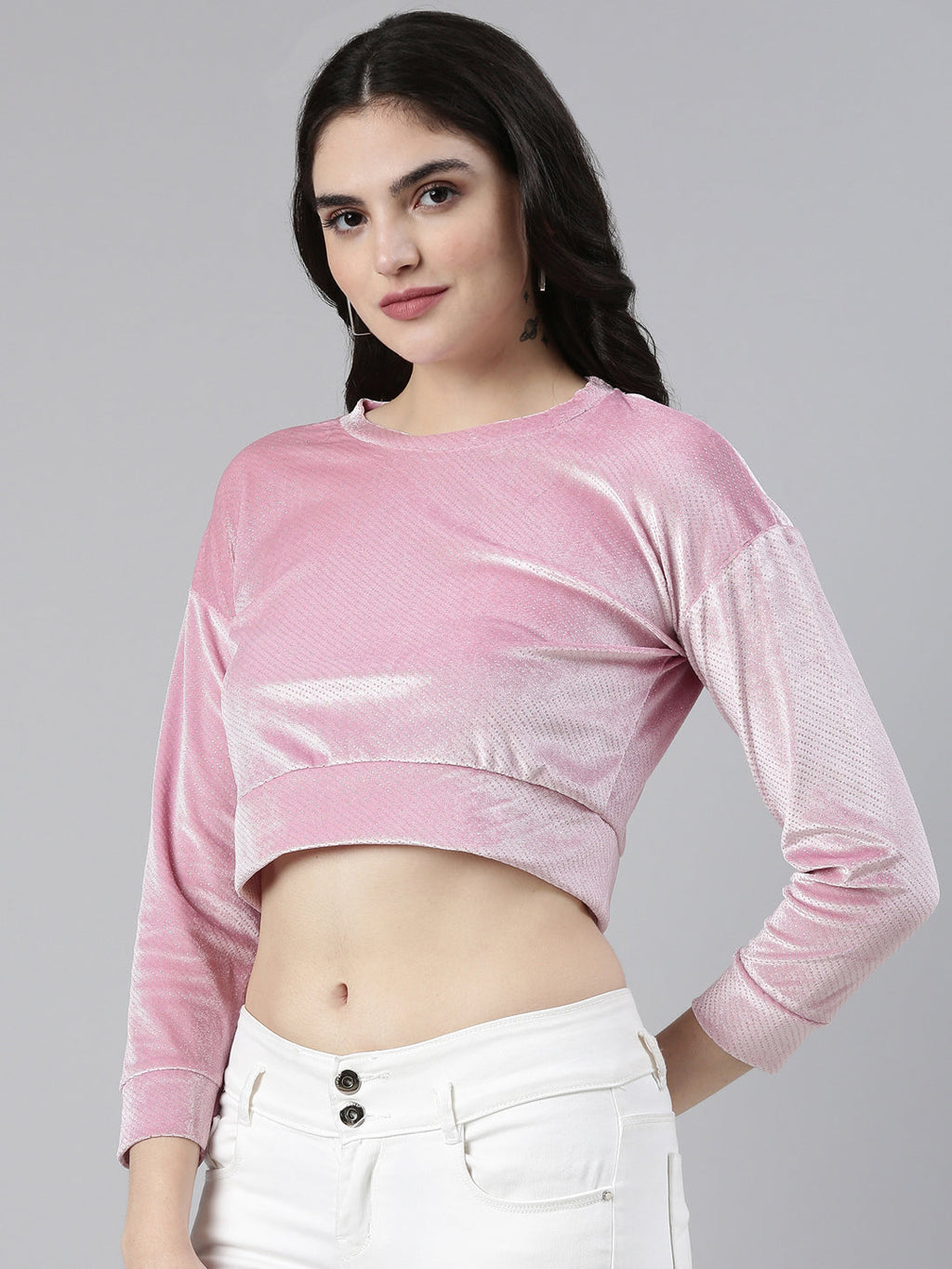 Women's Pink Round Neck Drop shoulder Sleeves Velvet Crop Top