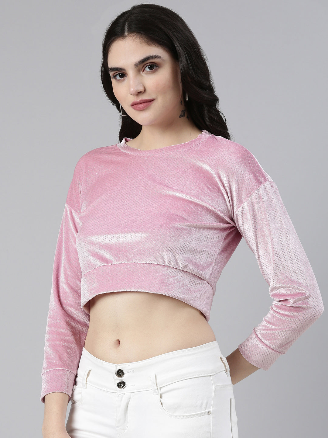 Women's Pink Round Neck Drop shoulder Sleeves Velvet Crop Top