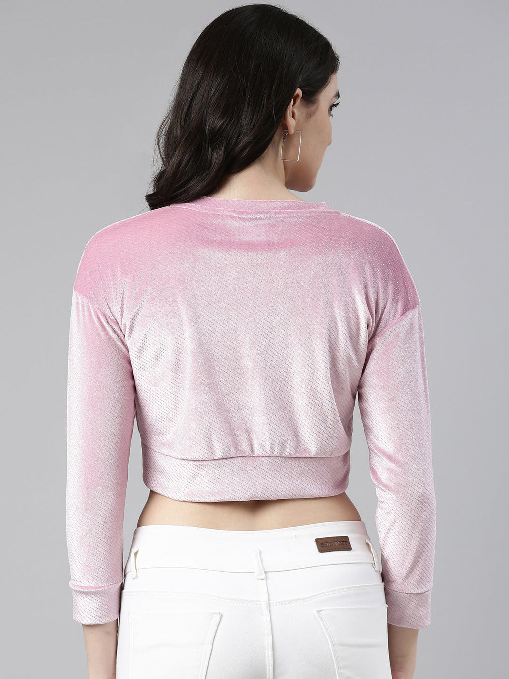 Women's Pink Round Neck Drop shoulder Sleeves Velvet Crop Top