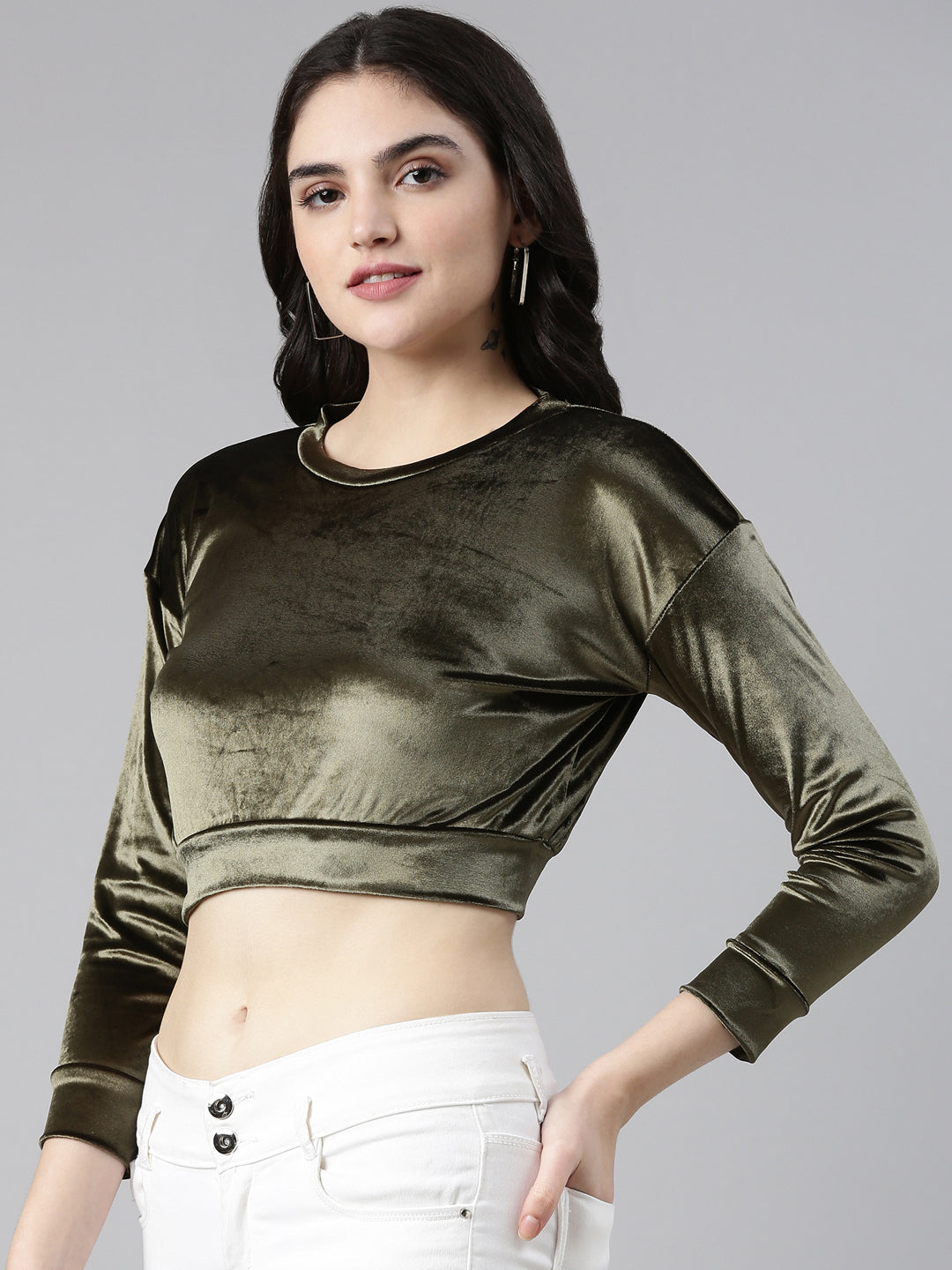 Women's Olive Velvet Blouson Crop Top
