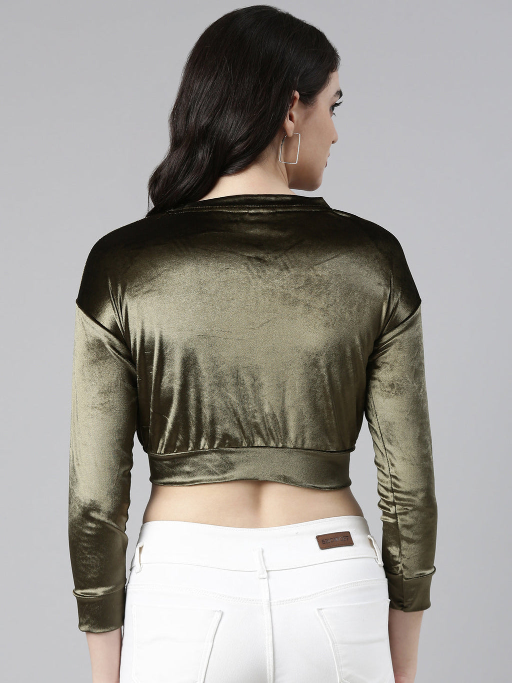 Women's Olive Velvet Blouson Crop Top