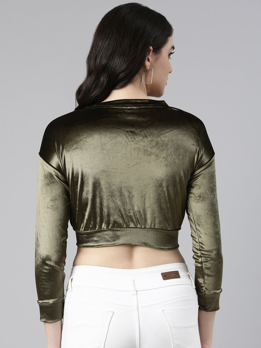 Women's Olive Velvet Blouson Crop Top