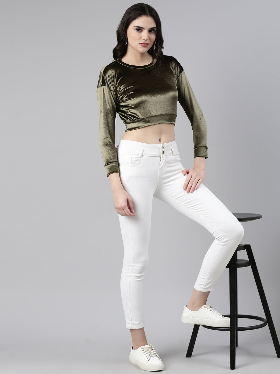 Women's Olive Velvet Blouson Crop Top