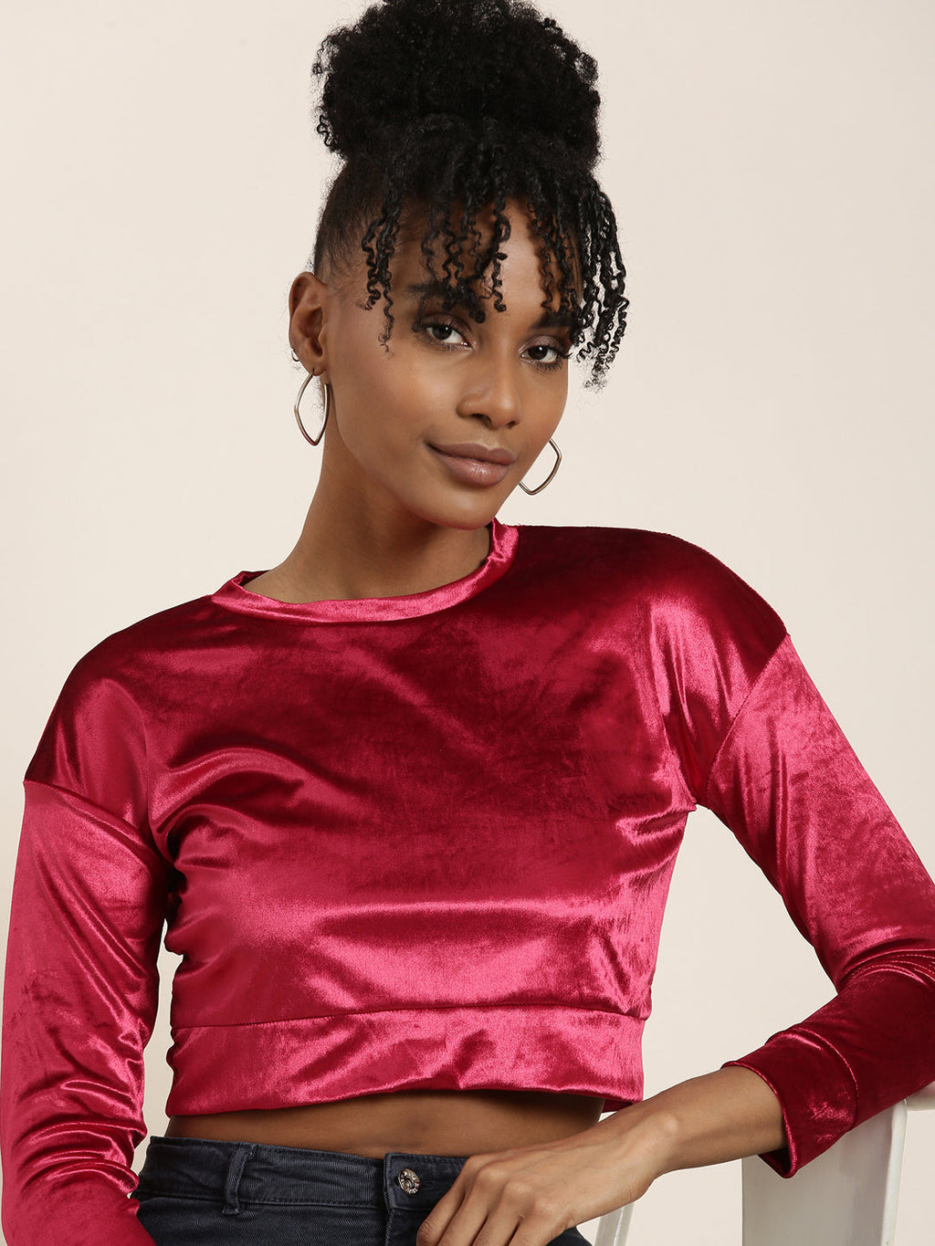 Women's Red Round Neck Regular Sleeves Solid Blouson Crop Top