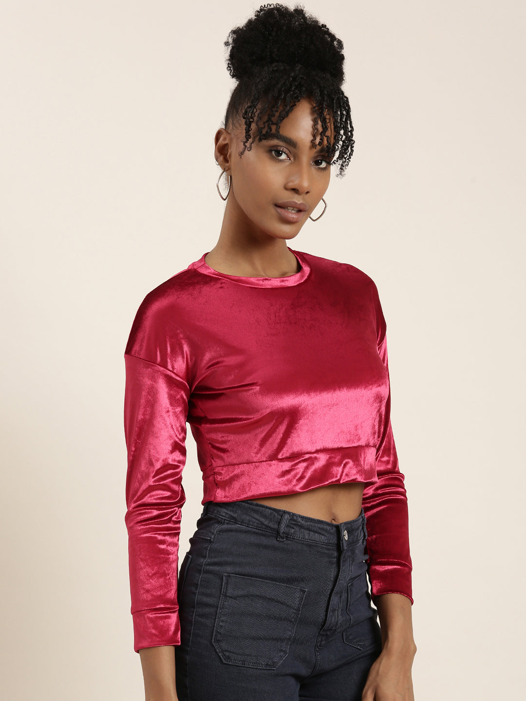 Women's Red Round Neck Regular Sleeves Solid Blouson Crop Top