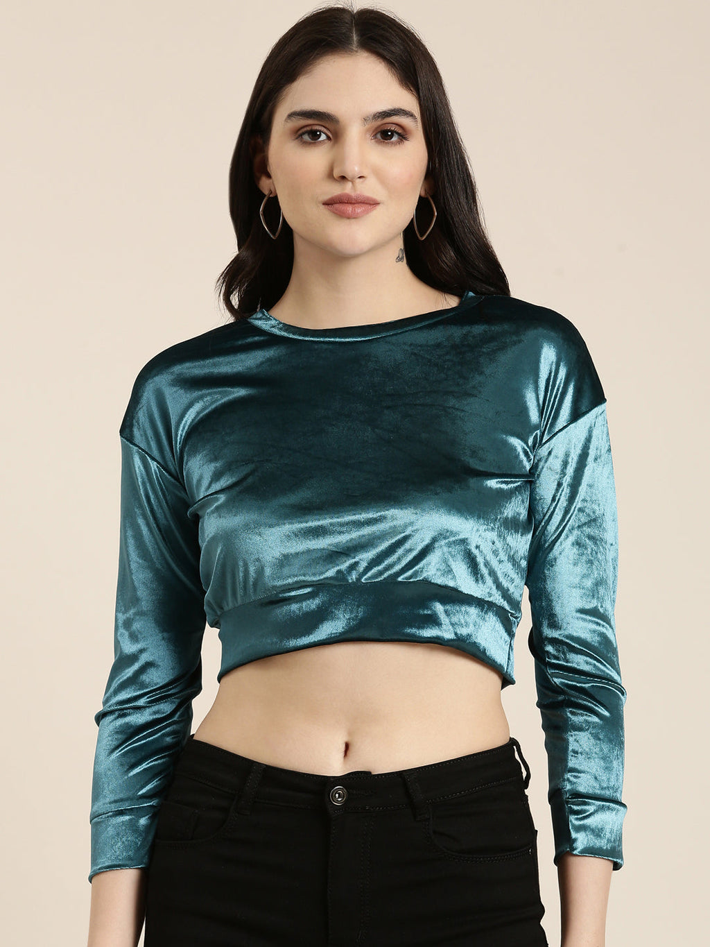 Women's Teal Round Neck Velvet Crop Top