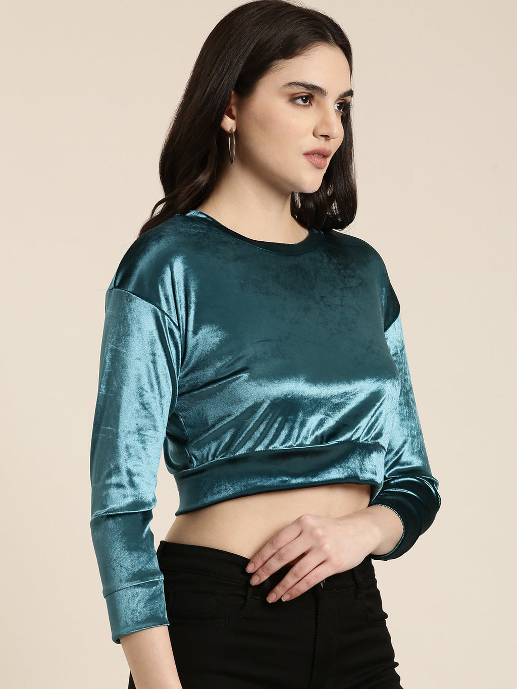 Women's Teal Round Neck Velvet Crop Top