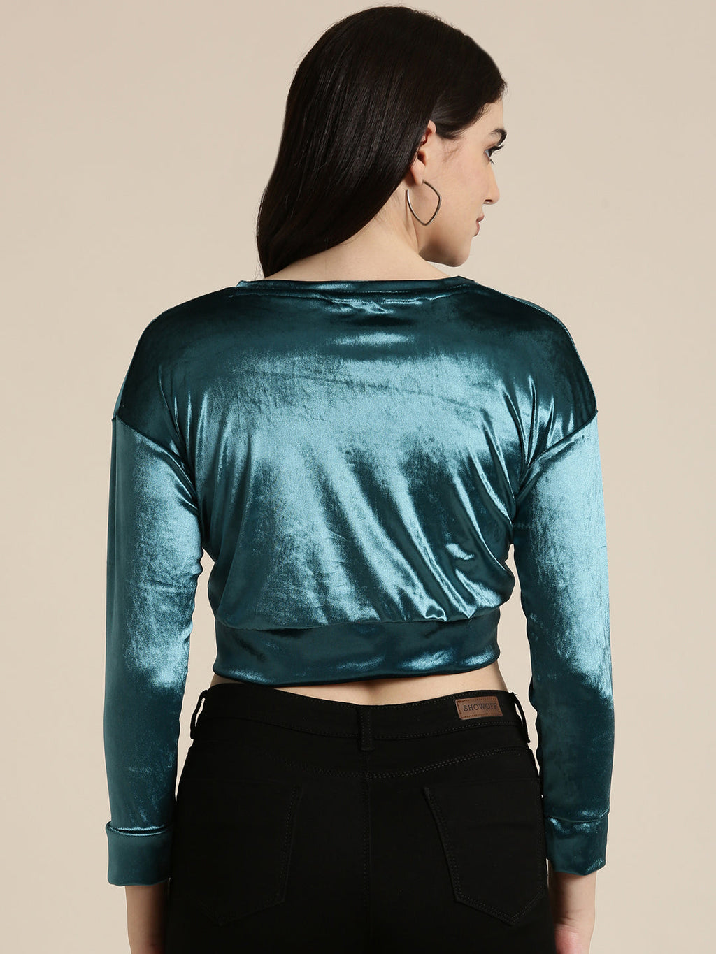 Women's Teal Round Neck Velvet Crop Top