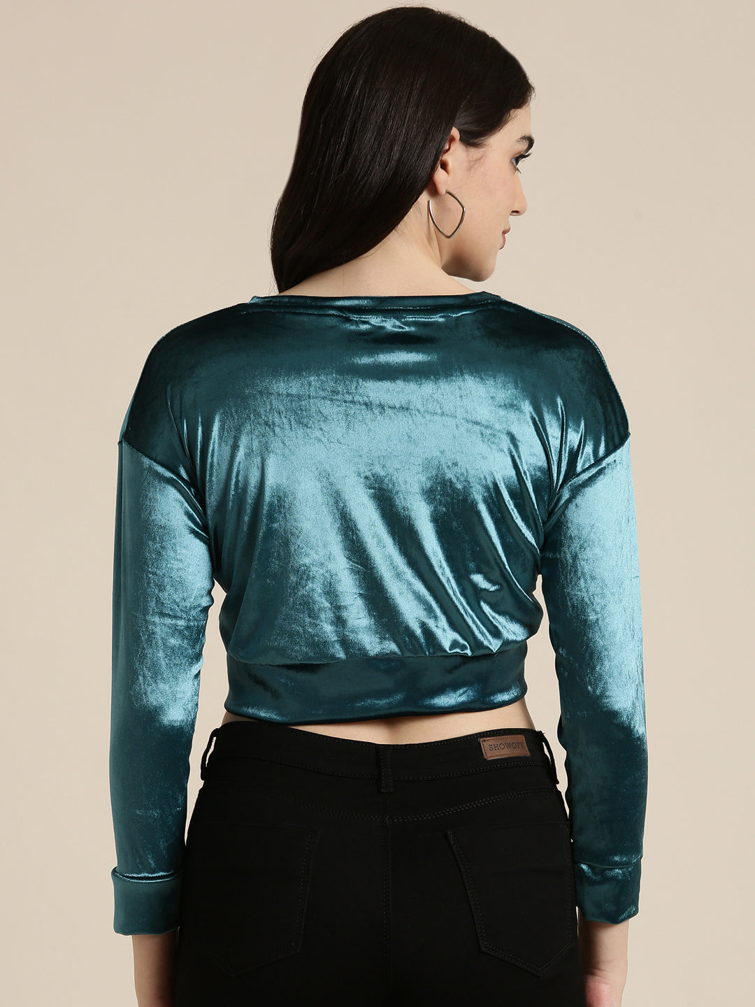 Women's Teal Round Neck Velvet Crop Top