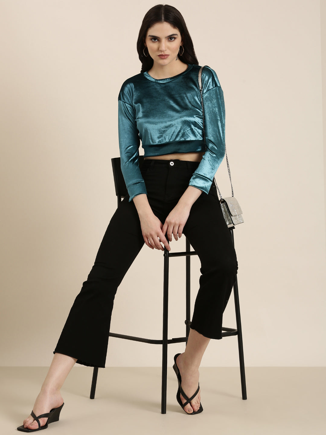 Women's Teal Round Neck Velvet Crop Top