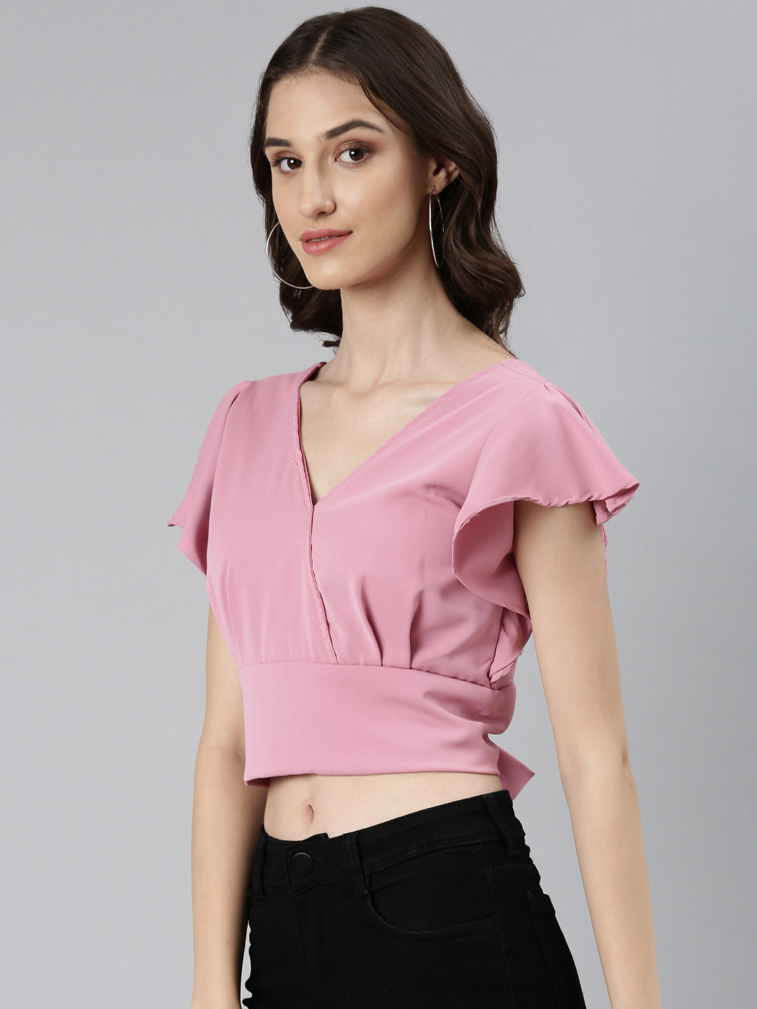 Women's Pink Flutter Sleeve Crepe Styled Back Crop Top