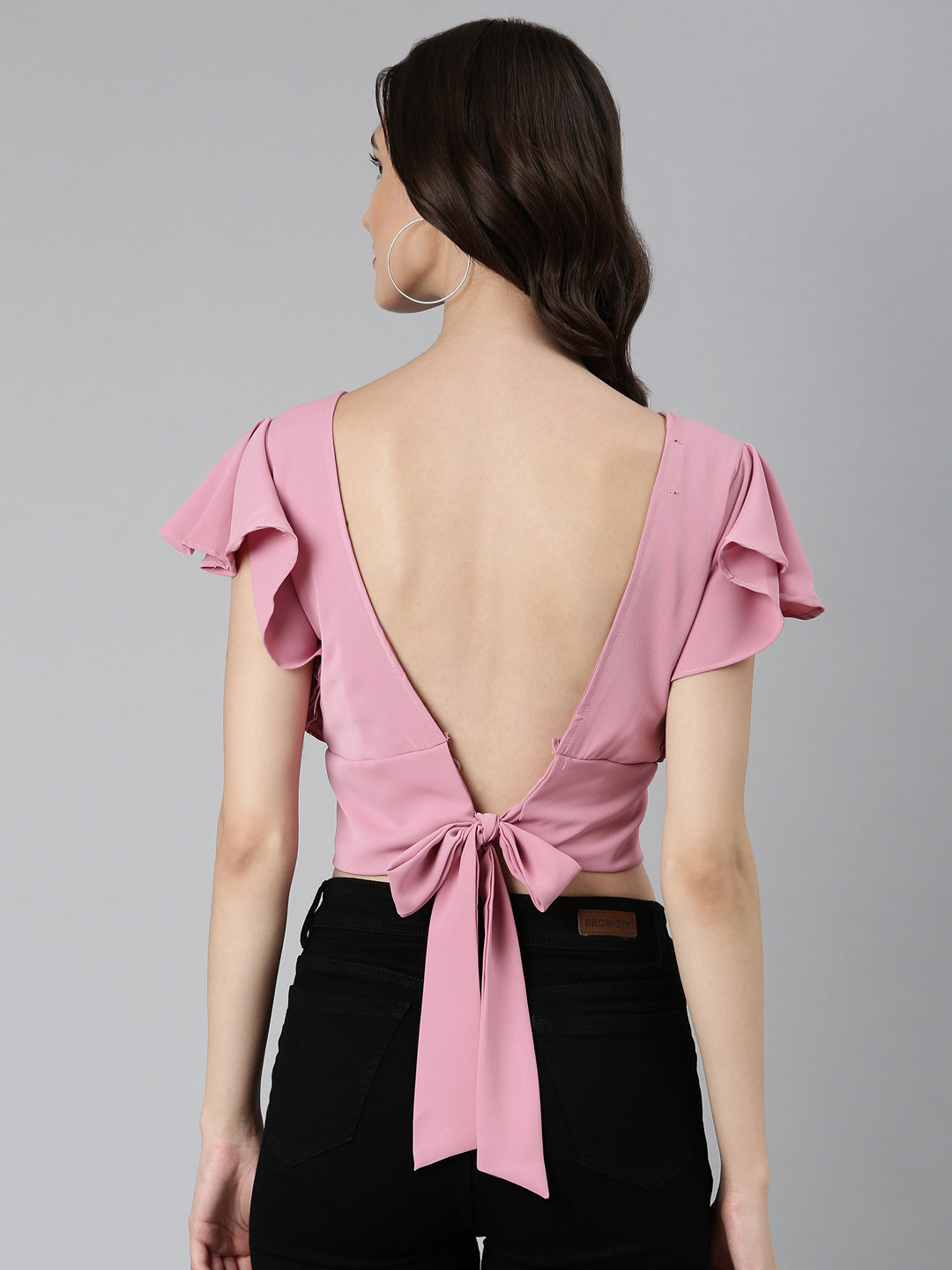 Women's Pink Flutter Sleeve Crepe Styled Back Crop Top