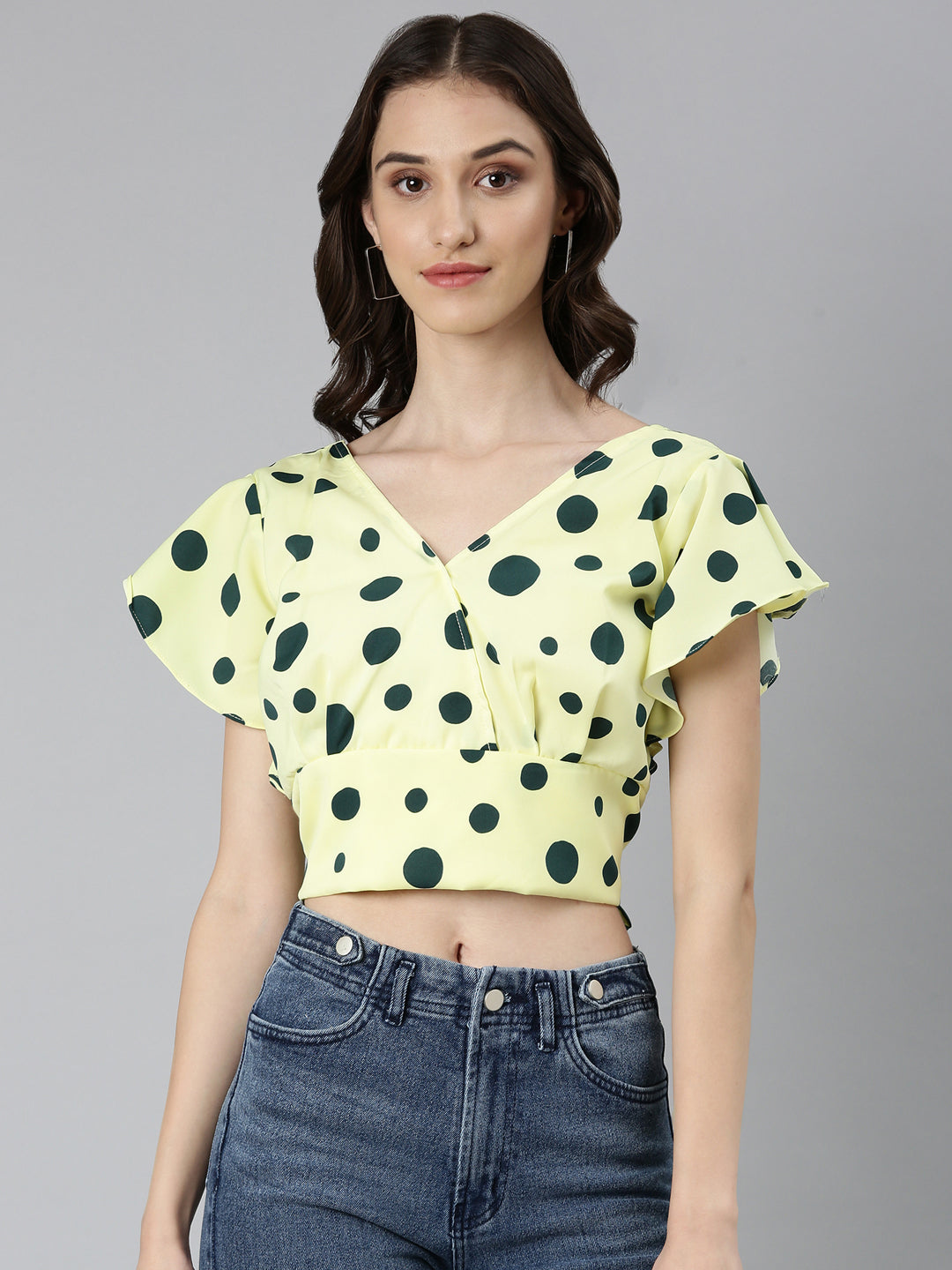 Women's Lime Green Polka Dots Printed Styled Back Crop Top