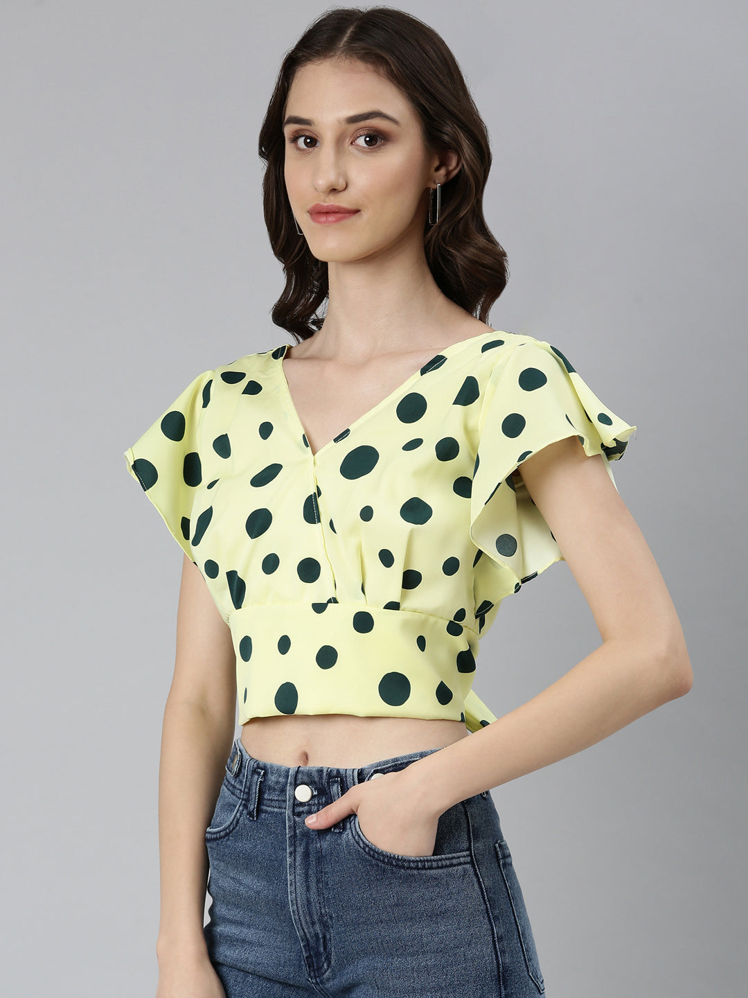 Women's Lime Green Polka Dots Printed Styled Back Crop Top