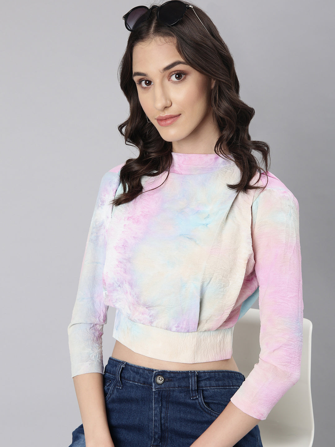 Women's Pink Tie and Dye Printed Blouson Crop Top