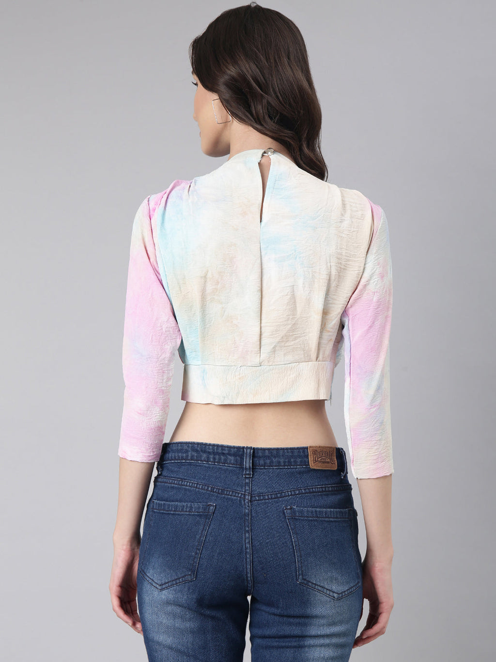 Women's Pink Tie and Dye Printed Blouson Crop Top