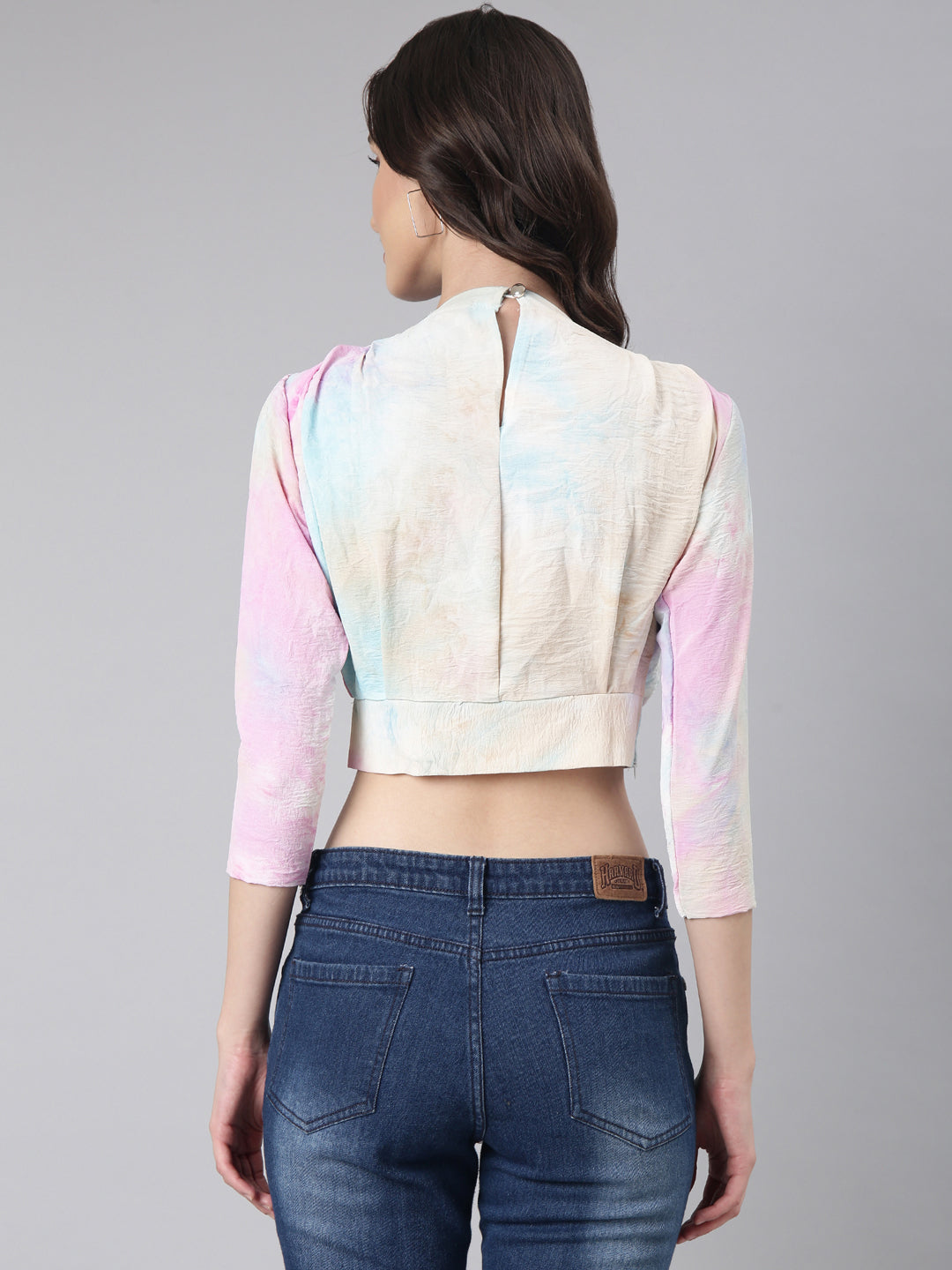 Women's Pink Tie and Dye Printed Blouson Crop Top