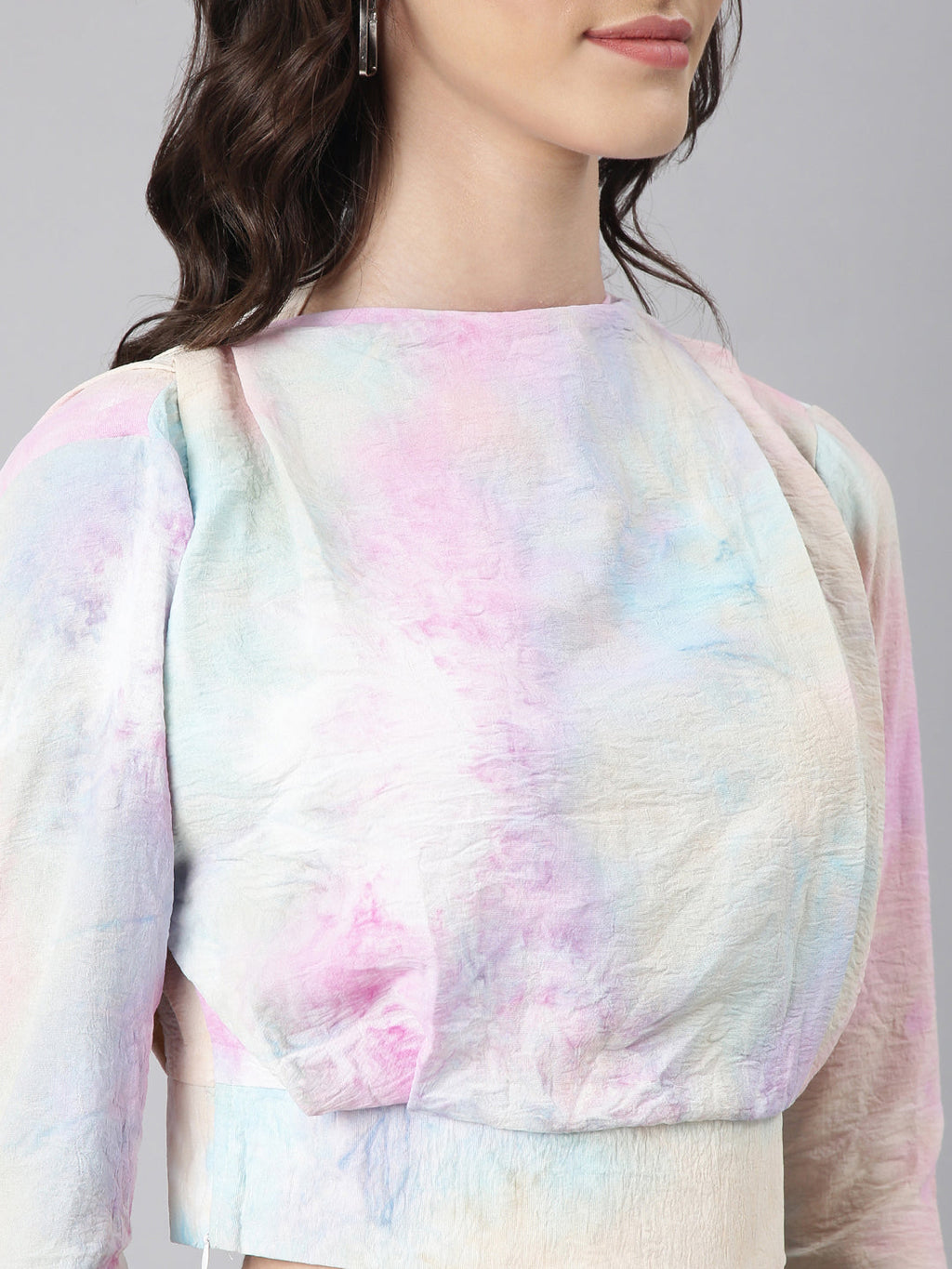 Women's Pink Tie and Dye Printed Blouson Crop Top