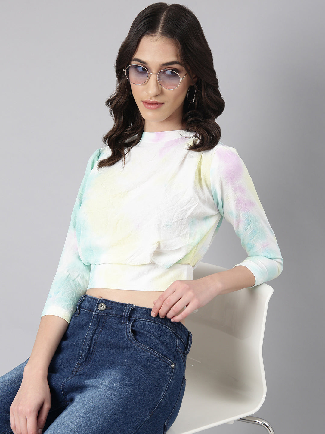Women's Turquoise Blue Tie and Dyed High Neck Crepe Blouson Crop Top