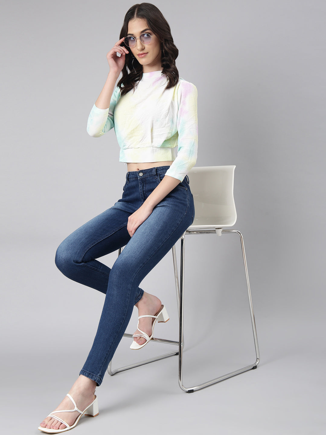 Women's Turquoise Blue Tie and Dyed High Neck Crepe Blouson Crop Top