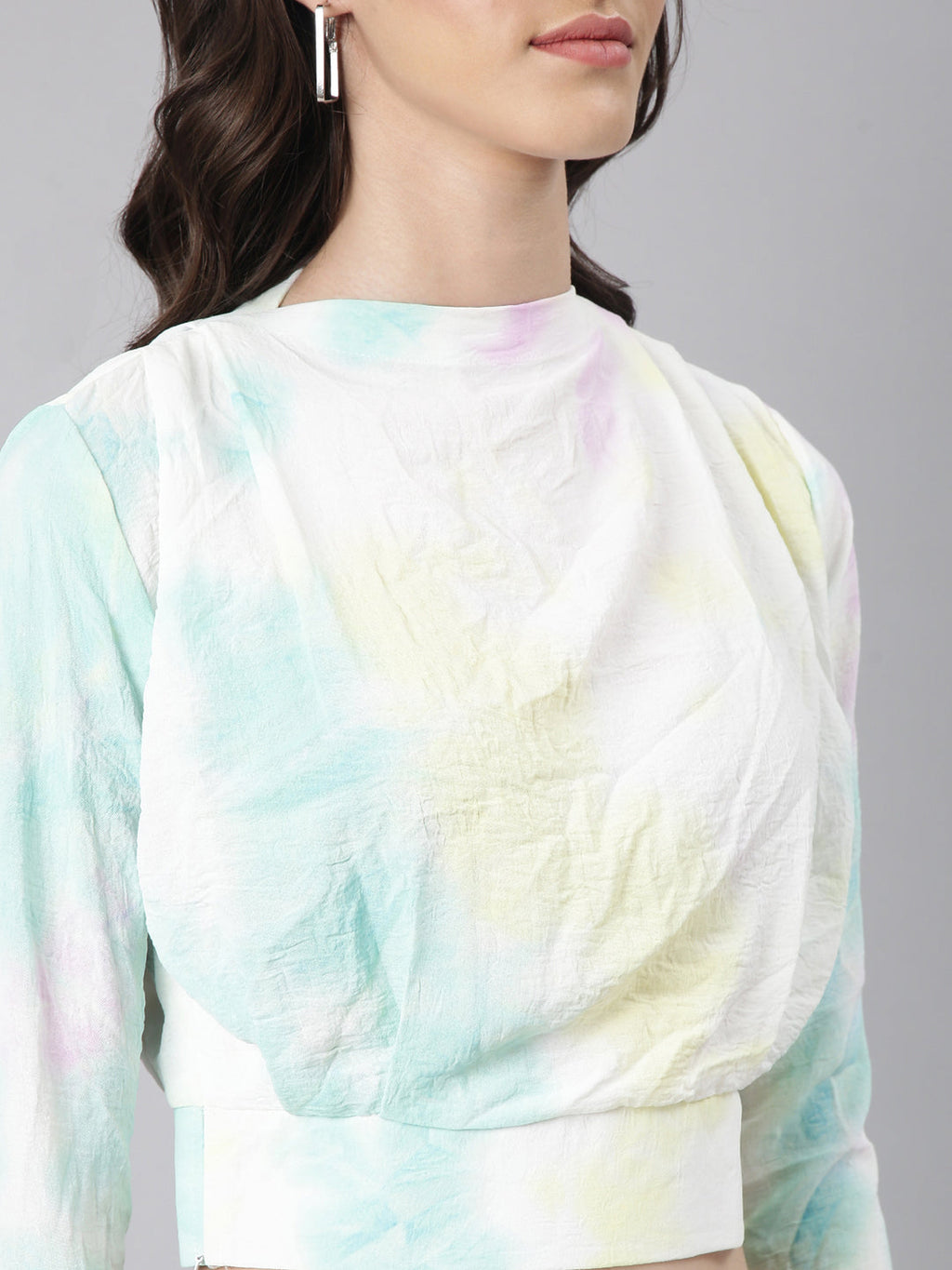 Women's Turquoise Blue Tie and Dyed High Neck Crepe Blouson Crop Top