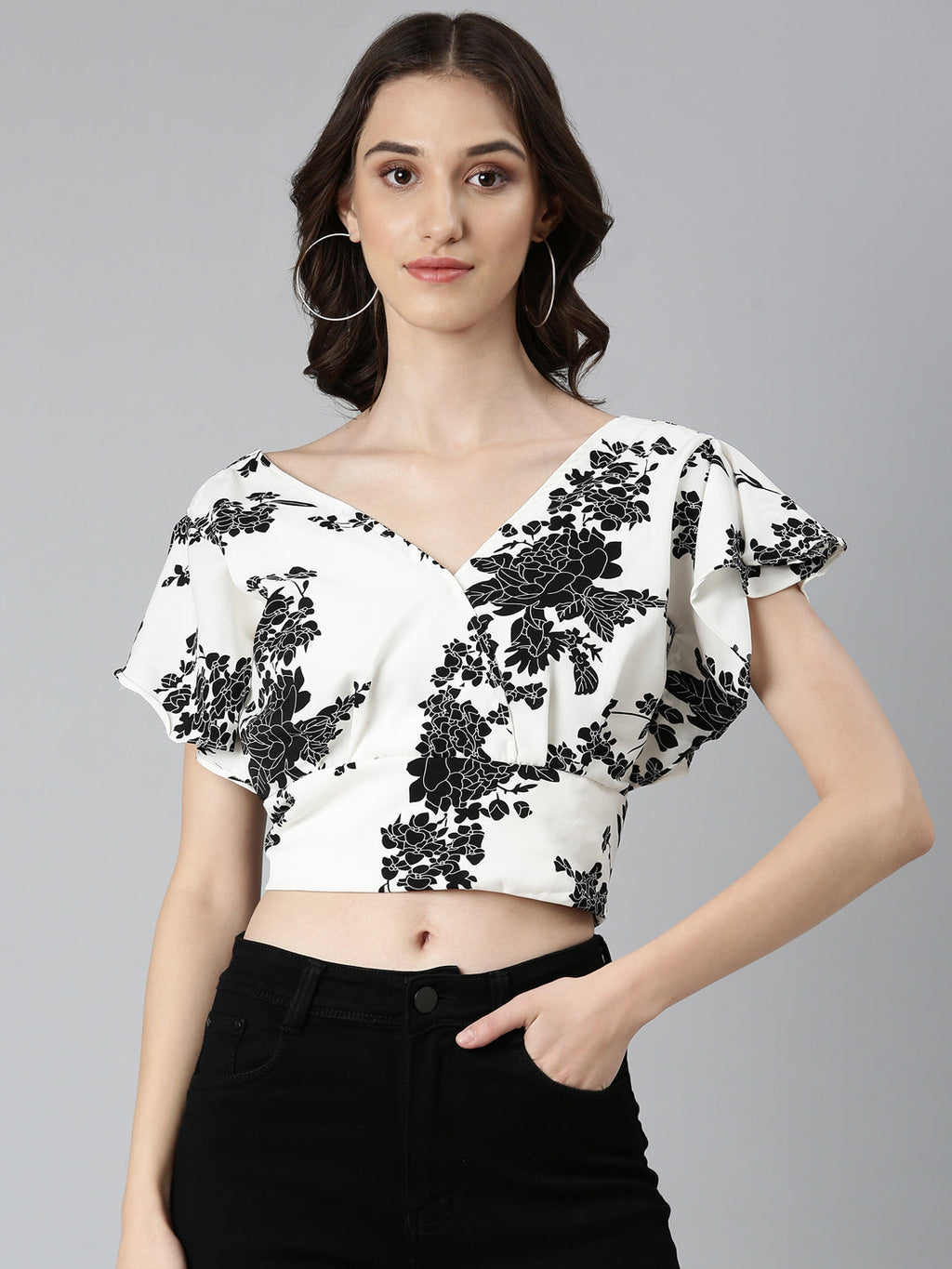 Women's White Floral Printed Styled Back Crop Top