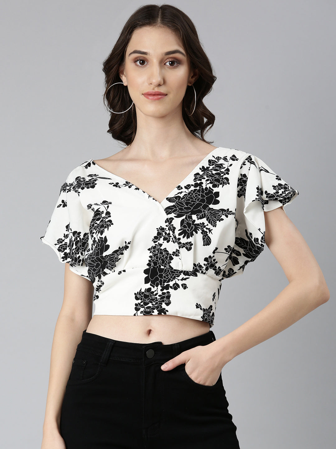 Women's White Floral Printed Styled Back Crop Top