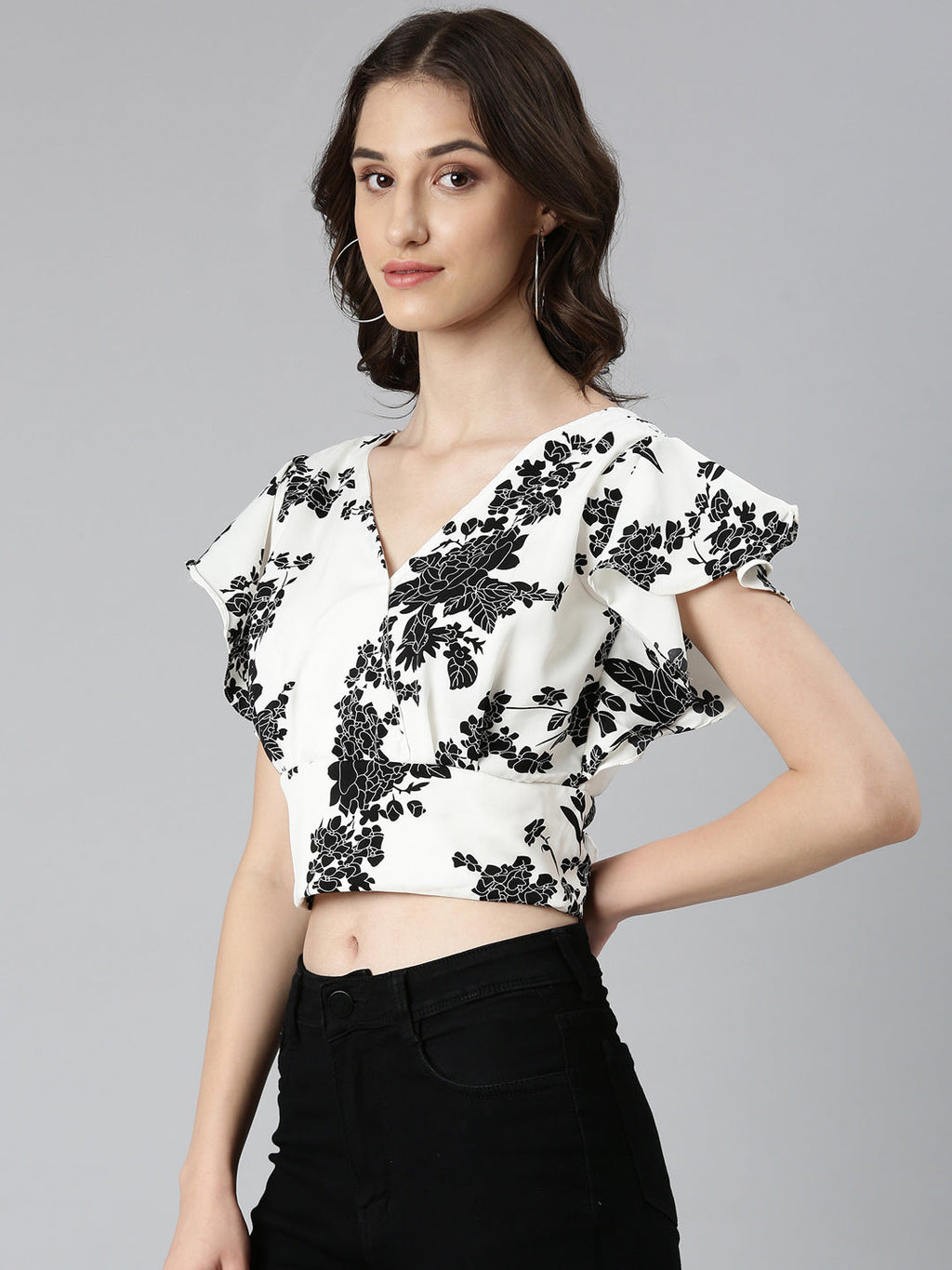 Women's White Floral Printed Styled Back Crop Top