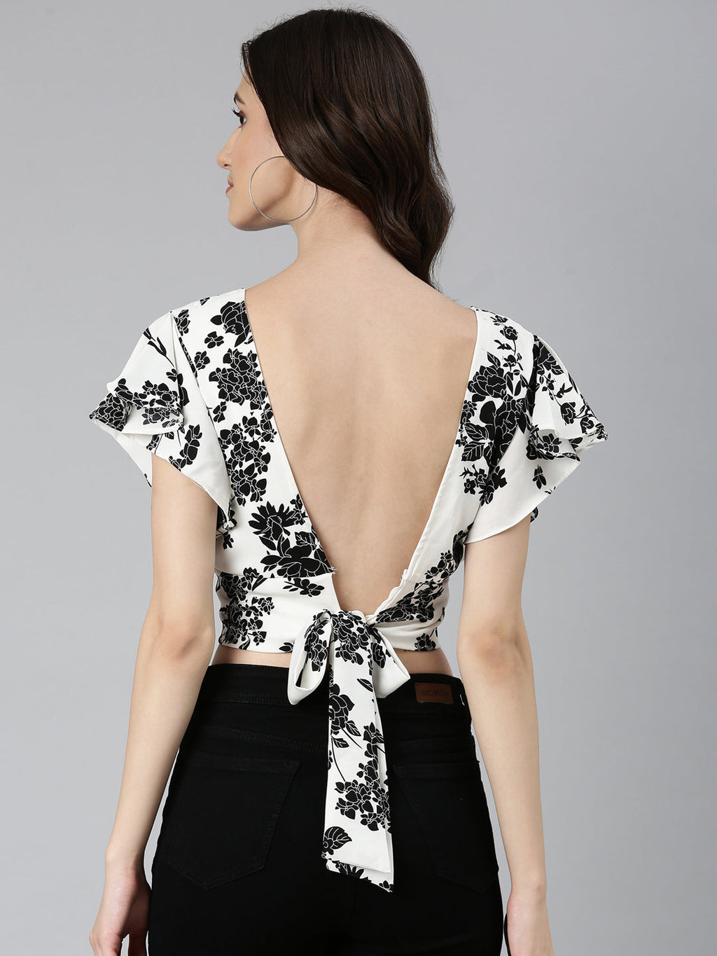 Women's White Floral Printed Styled Back Crop Top