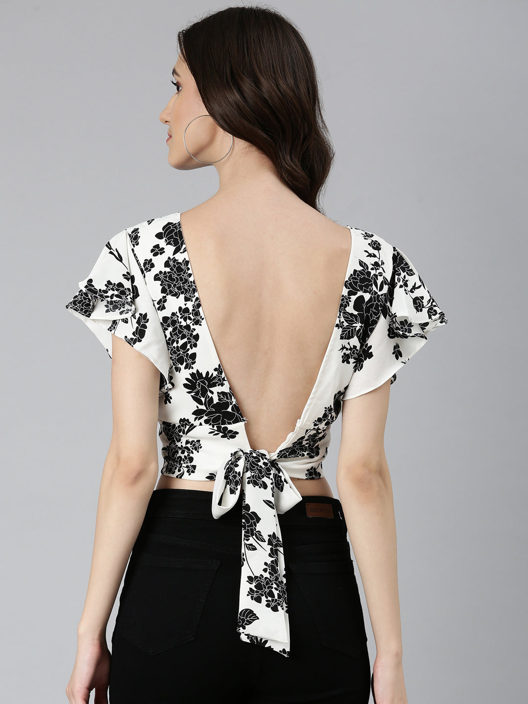 Women's White Floral Printed Styled Back Crop Top