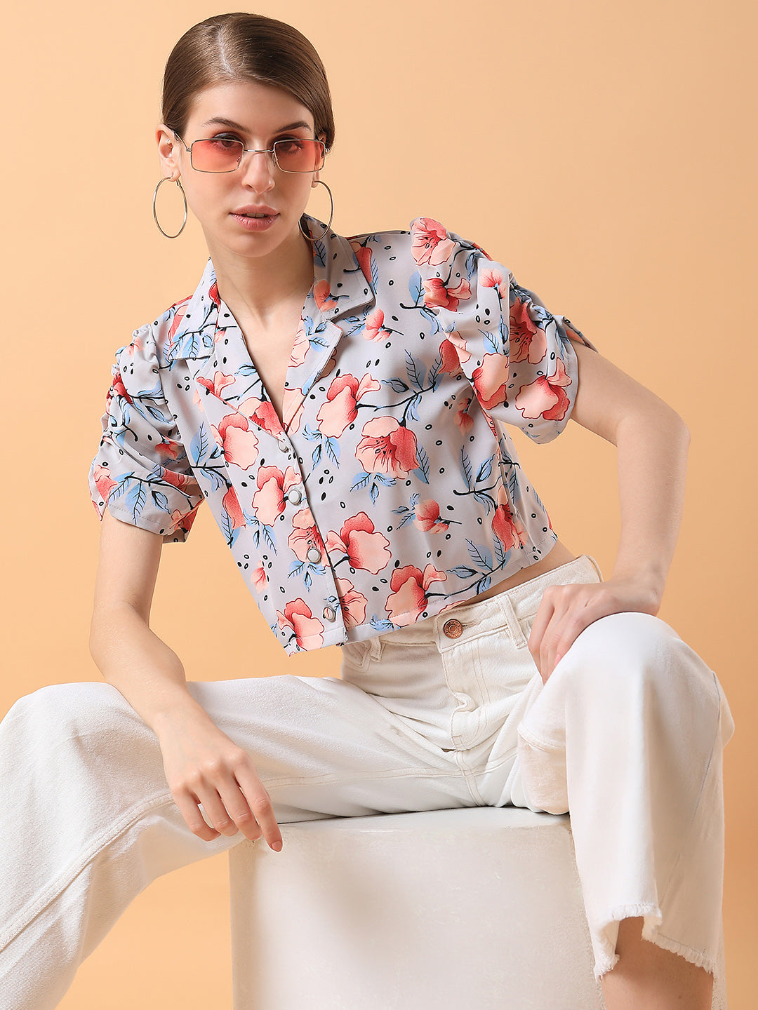 Women's Grey Lapel Collar Cotton Top