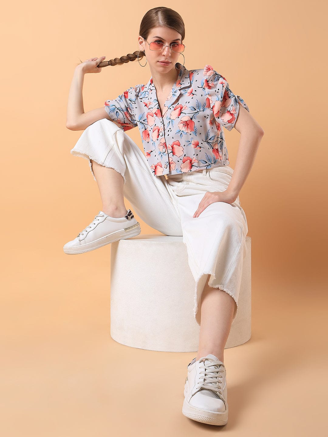 Women's Grey Lapel Collar Cotton Top