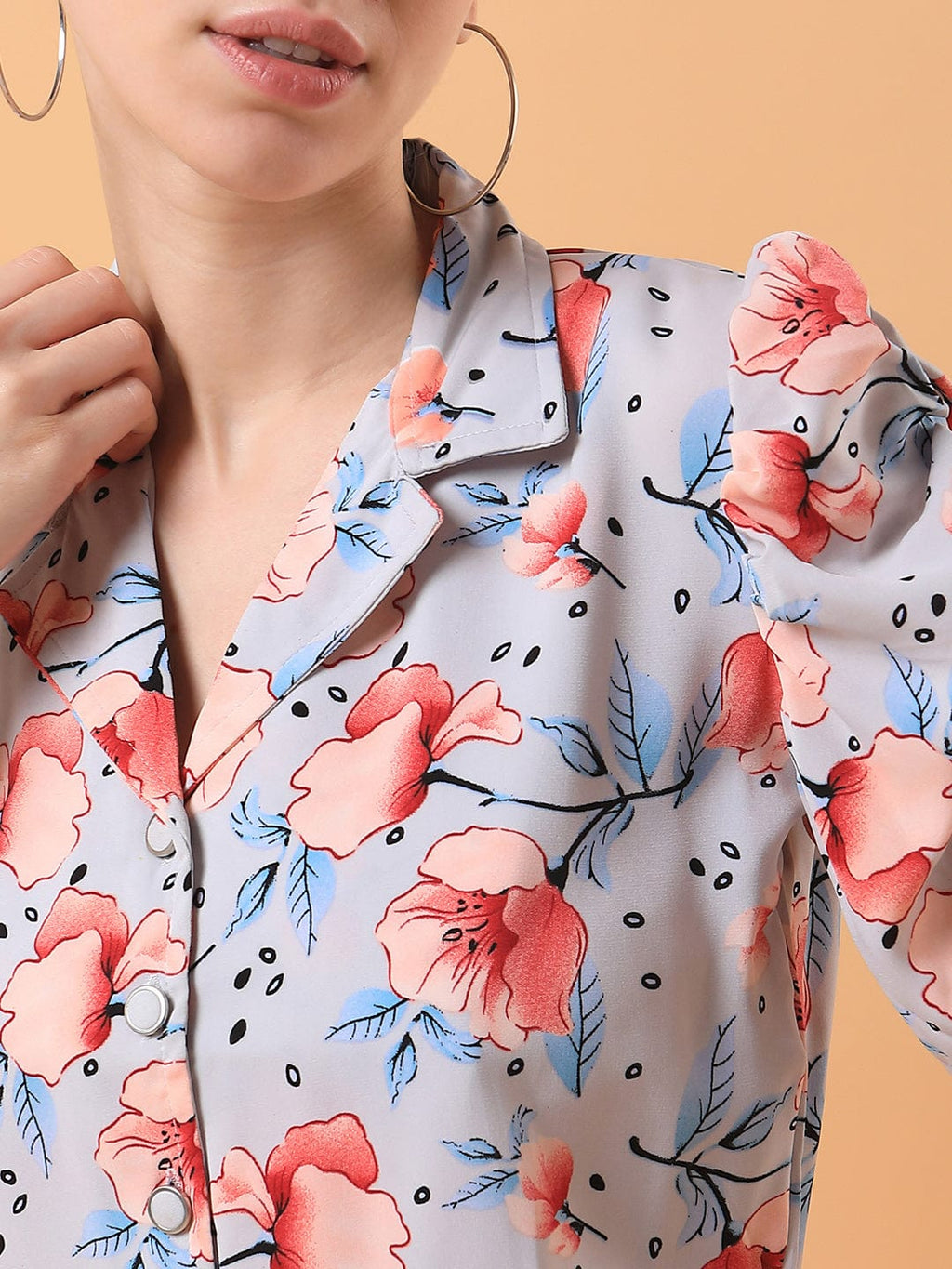 Women's Grey Lapel Collar Cotton Top