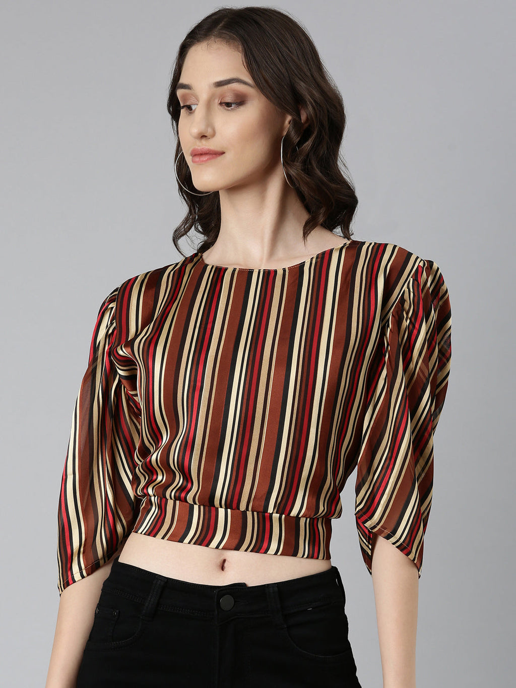 Women's Brown Striped Puff Sleeve Styled Back Crop Top