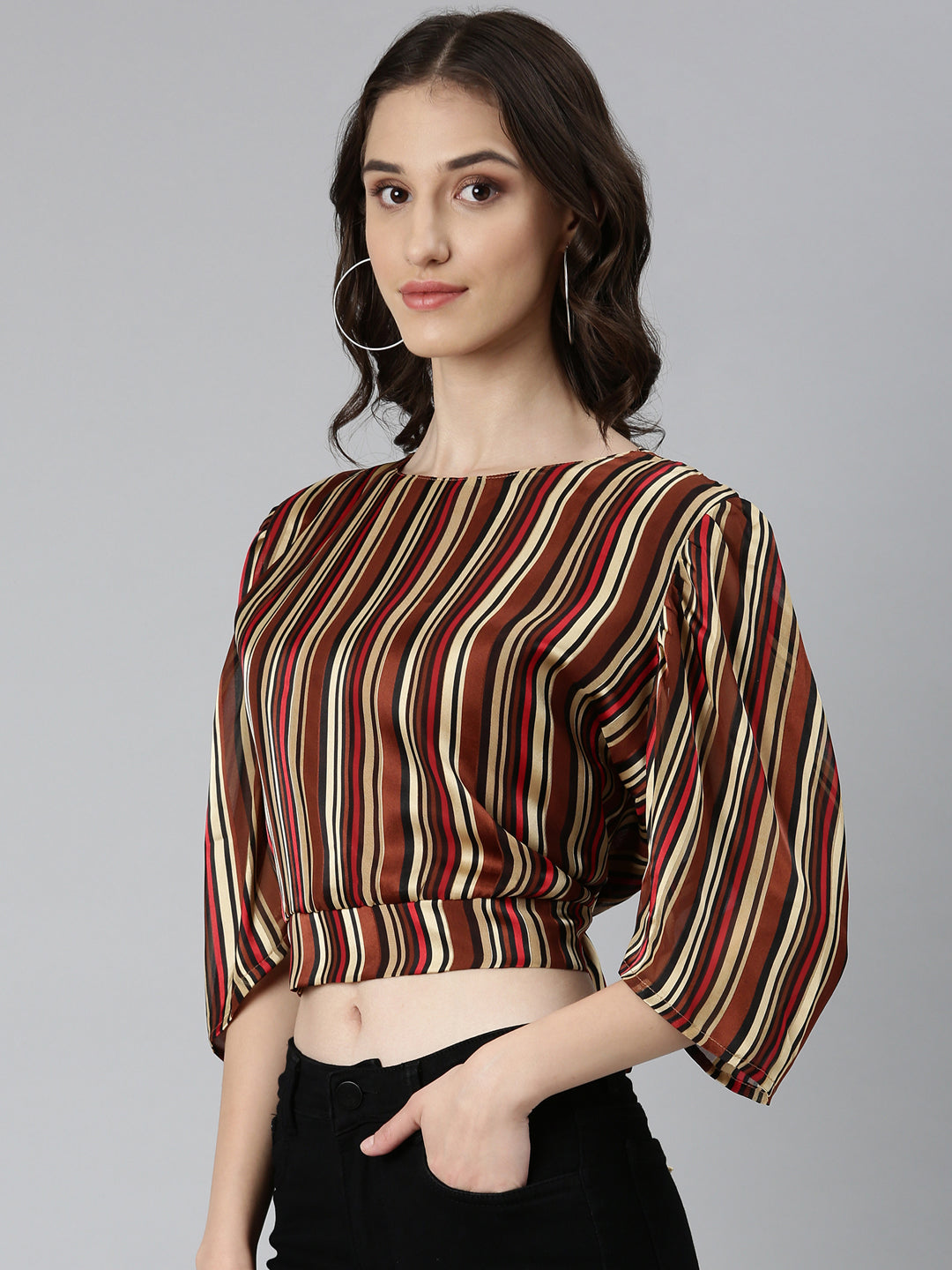 Women's Brown Striped Puff Sleeve Styled Back Crop Top