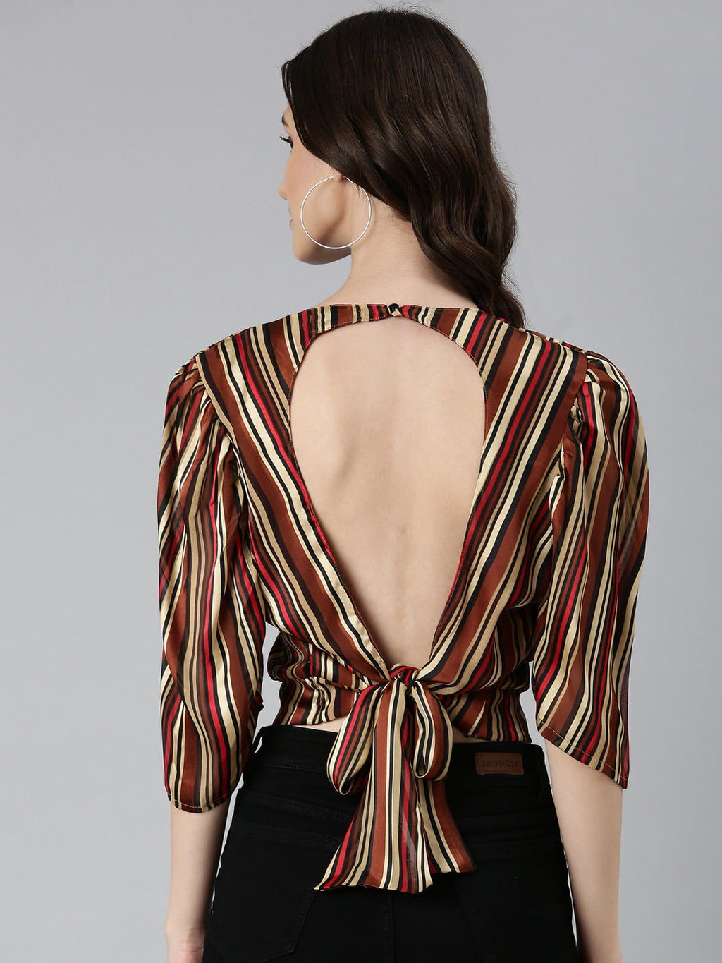 Women's Brown Striped Puff Sleeve Styled Back Crop Top