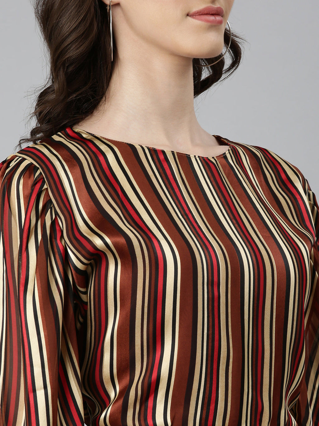 Women's Brown Striped Puff Sleeve Styled Back Crop Top