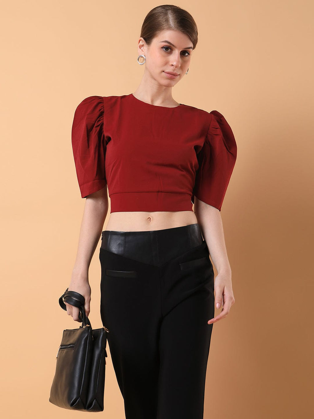 Women's Maroon Solid Round Neck Synthetic Crepe Top