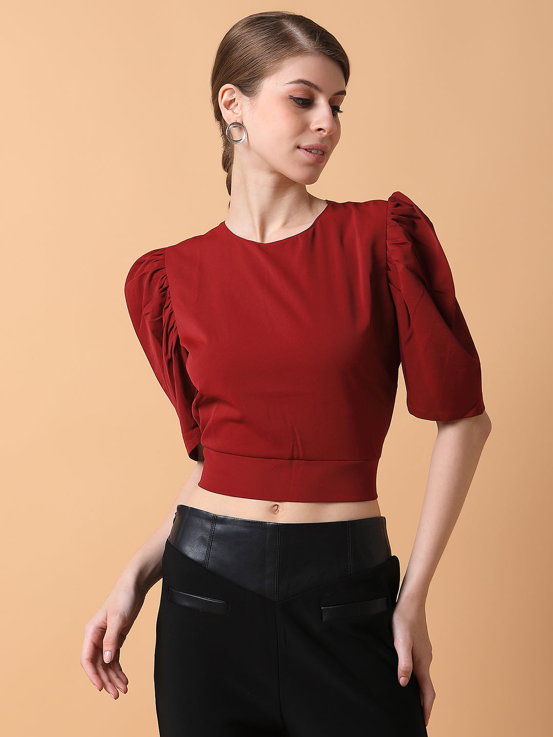 Women's Maroon Solid Round Neck Synthetic Crepe Top