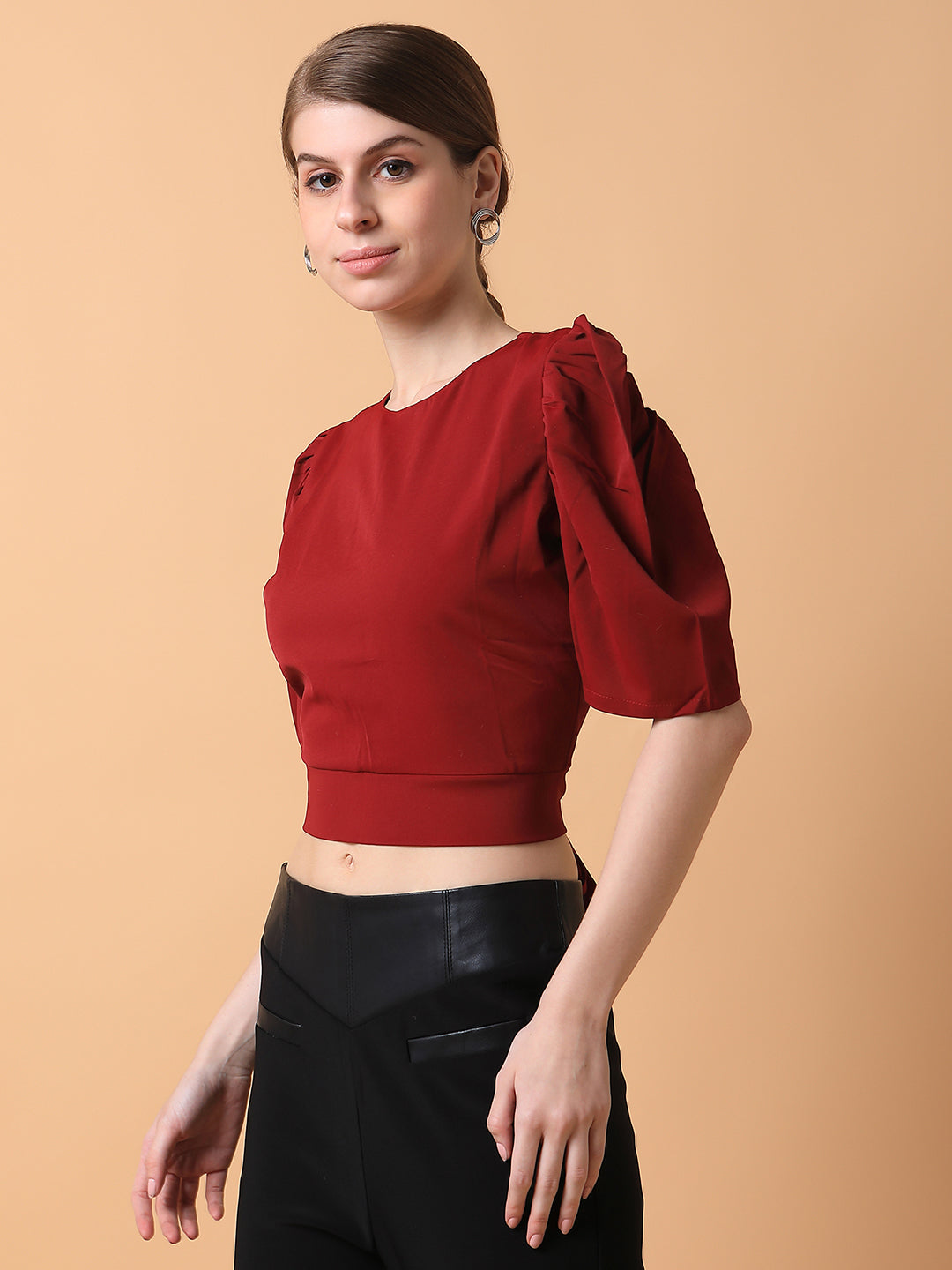 Women's Maroon Solid Round Neck Synthetic Crepe Top