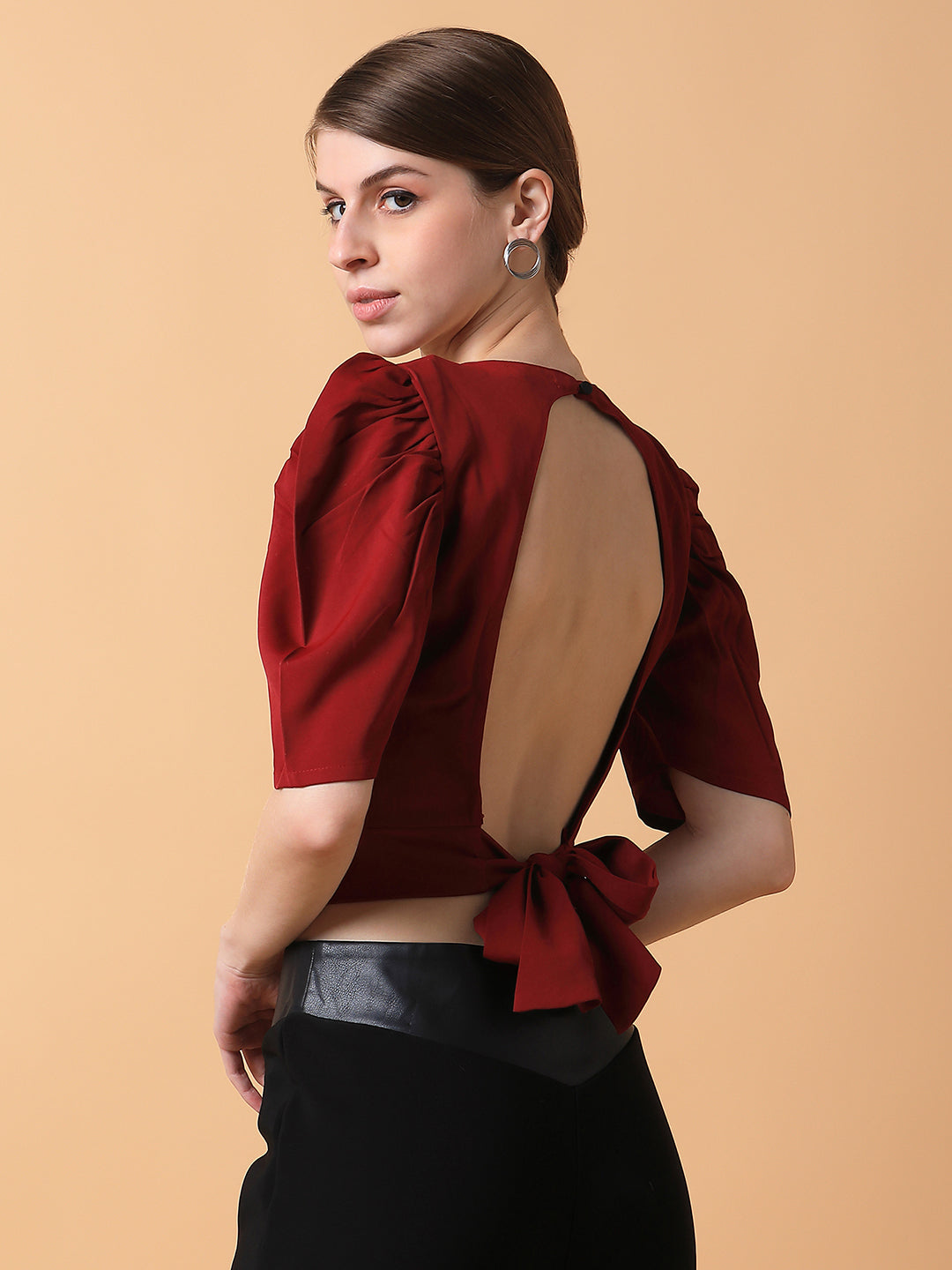 Women's Maroon Solid Round Neck Synthetic Crepe Top