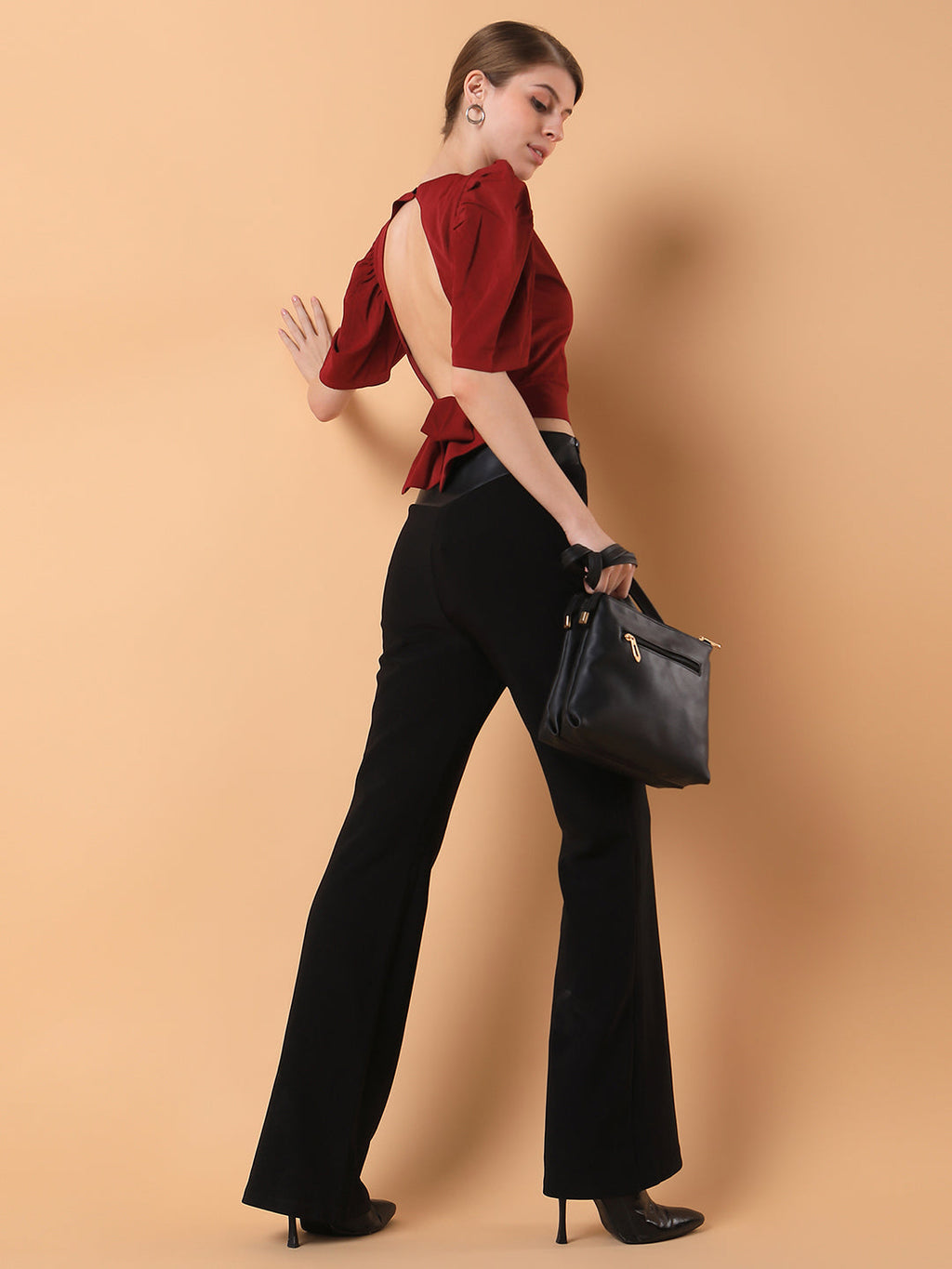 Women's Maroon Solid Round Neck Synthetic Crepe Top