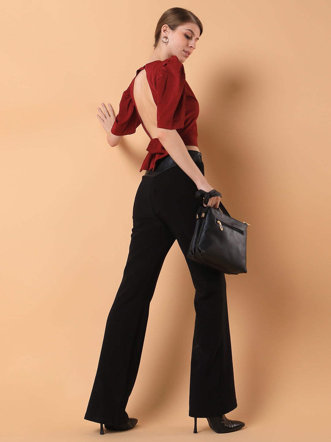 Women's Maroon Solid Round Neck Synthetic Crepe Top