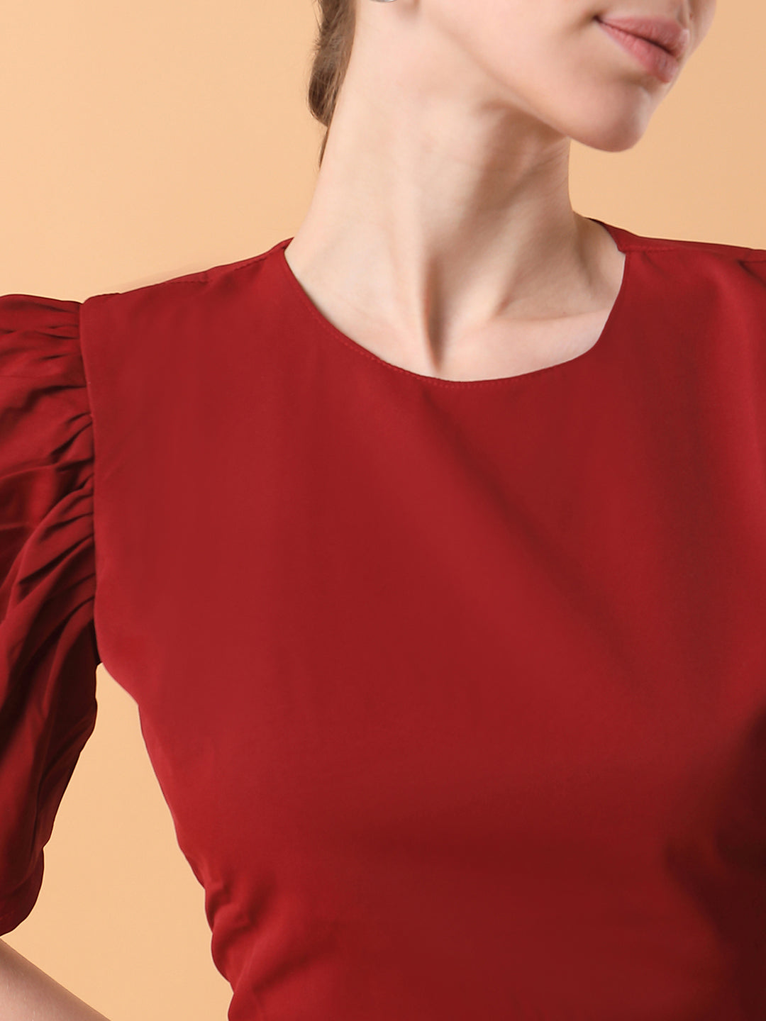 Women's Maroon Solid Round Neck Synthetic Crepe Top