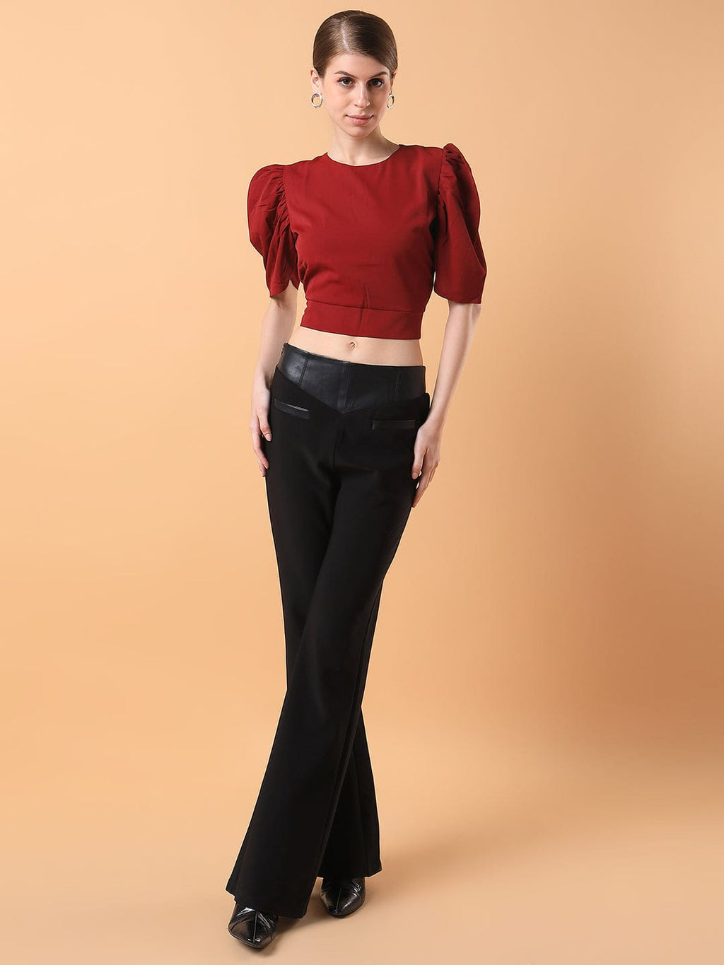 Women's Maroon Solid Round Neck Synthetic Crepe Top