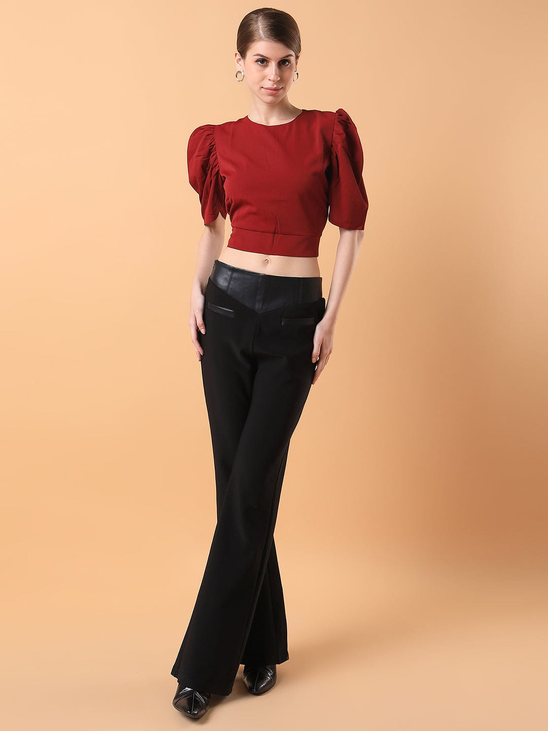 Women's Maroon Solid Round Neck Synthetic Crepe Top