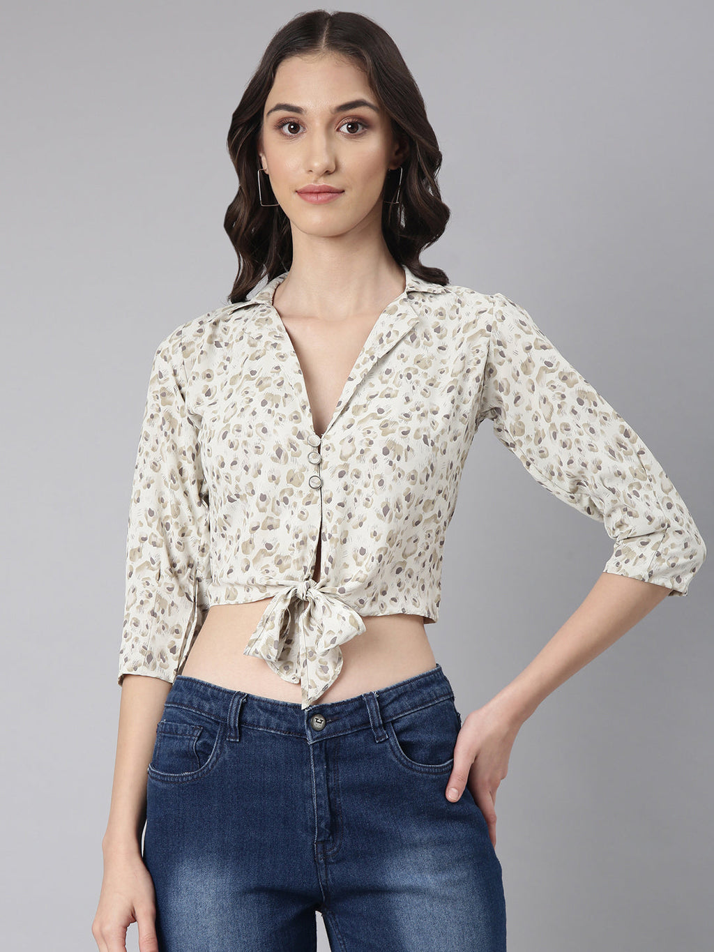 Women's Off White Abstract Printed Puffed Sleeves Tie-Ups Shirt Style Crop Top